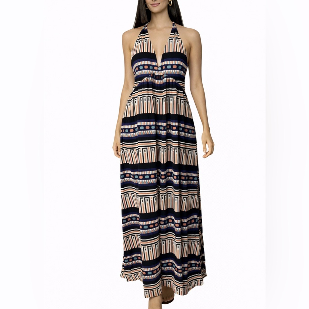 DVF Diane Von Furstenberg Maxi Dress 10 Long Silk Halter Pockets NEW